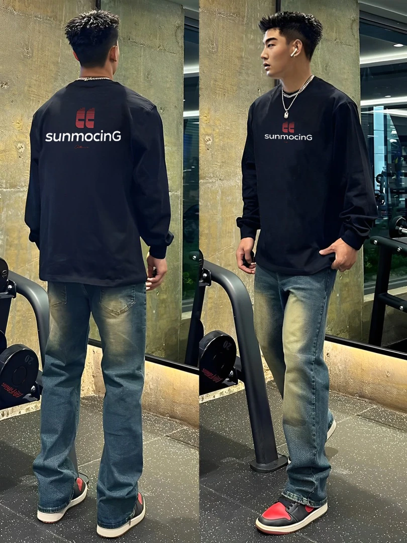 【重磅纯棉】美式休闲秋季宽底长袖男士T恤简约百搭潮流小众情侣ins