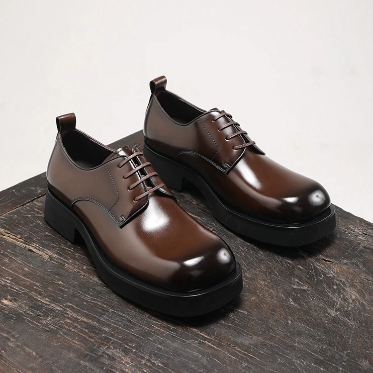 高级感方头德比鞋男款真皮厚底增高英伦风百搭商务休闲皮鞋亮皮