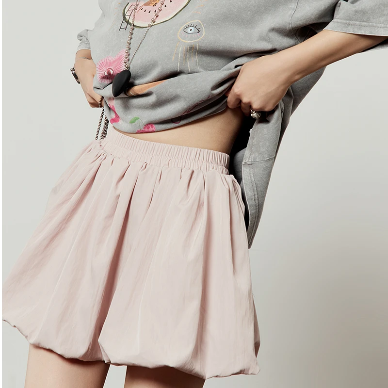 浅粉色半身裙女2025夏新款百搭减龄显瘦A字花苞蓬蓬短裙