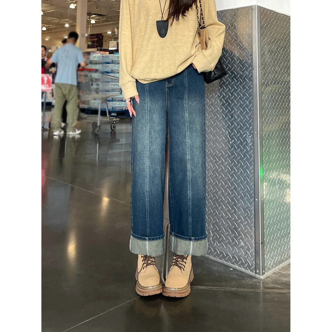 裂渡宣宣【不露腿爱好者】微胖大码女秋百搭显瘦翻边牛仔裤ZY507A10