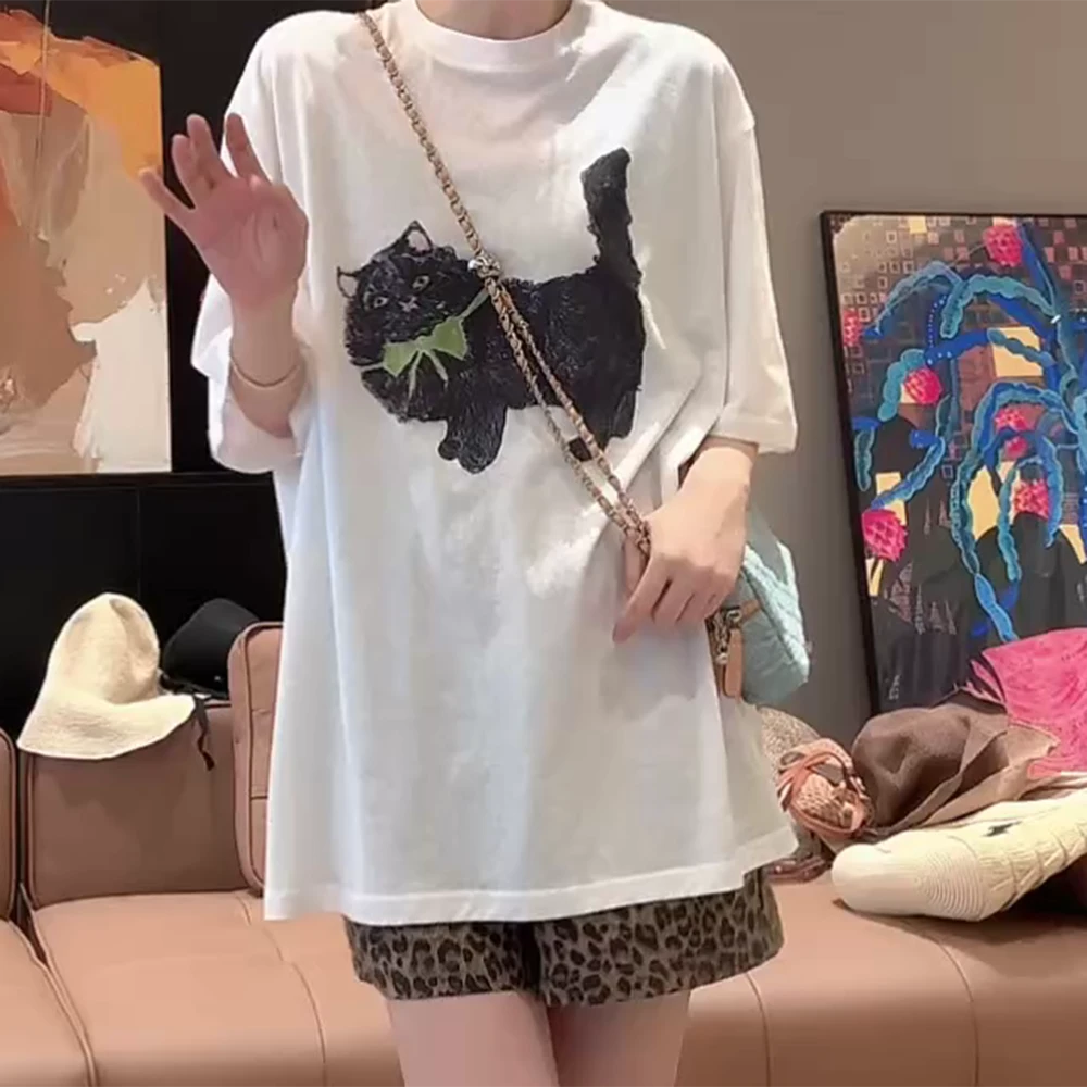 【领带小猫】薄款圆领T时尚简约宽松慵懒风百搭短袖C5458