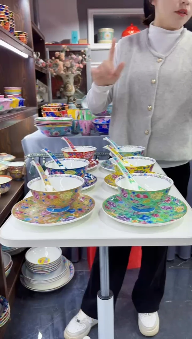 珐琅三件套碟碗勺6套景德镇陶瓷