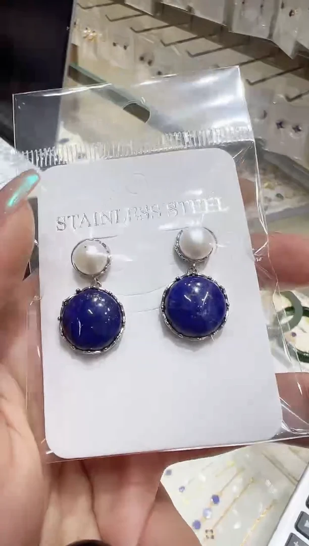 银S925镀金镶嵌青金石耳饰@@