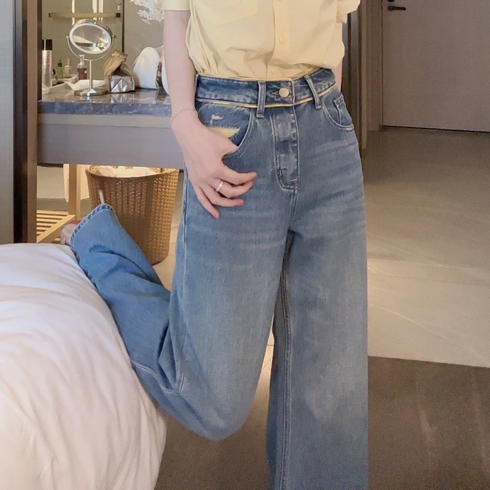 【悦悦专属】时尚腰头拼色小众高腰牛仔裤S317