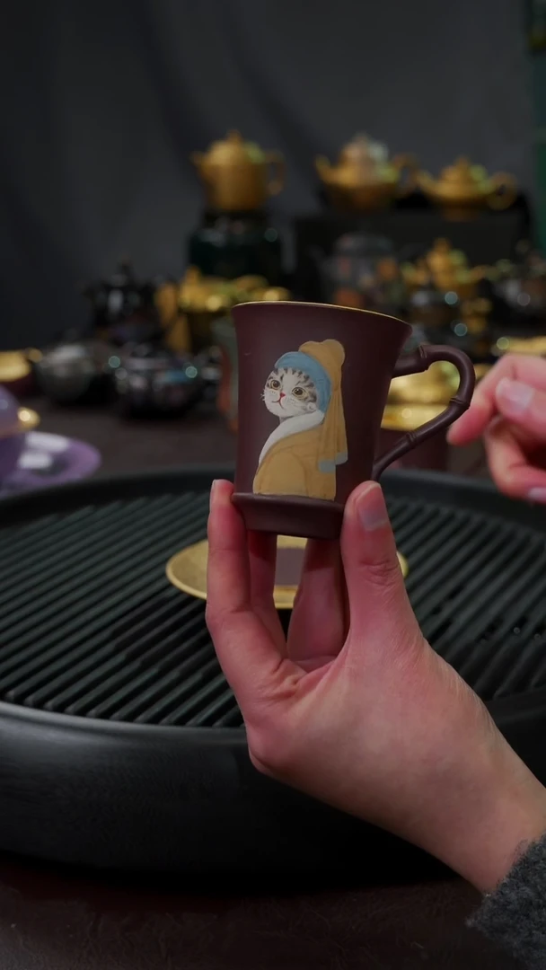 【闪购商品】杯【宜景窑紫砂鎏金】手绘猫猫杯子