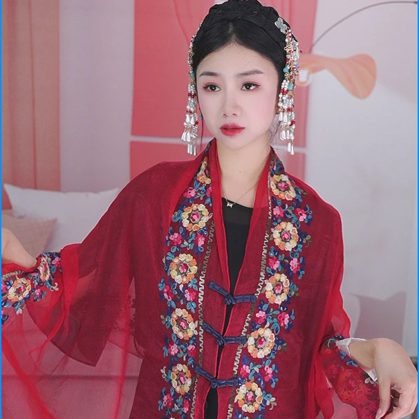 2025春夏新款琉璃纱刺绣披肩女时尚洋气遮阳防晒拍照丝巾外搭披风