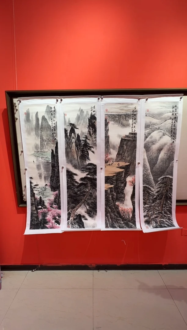 【闪购商品】绘画贺润川-16平尺-4条屏作品 红