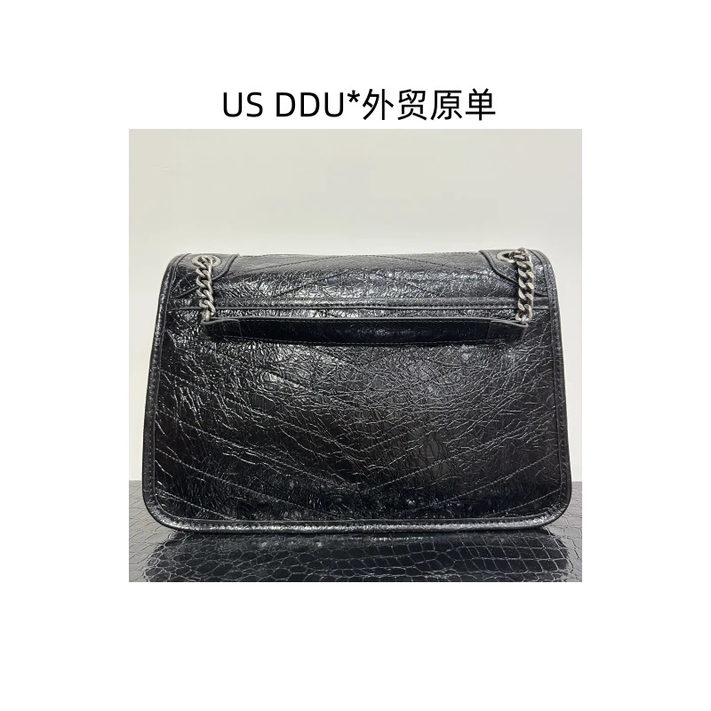 Y niki22黑色牛皮链条包翻盖单肩肩包黑银压纹HC325-黑