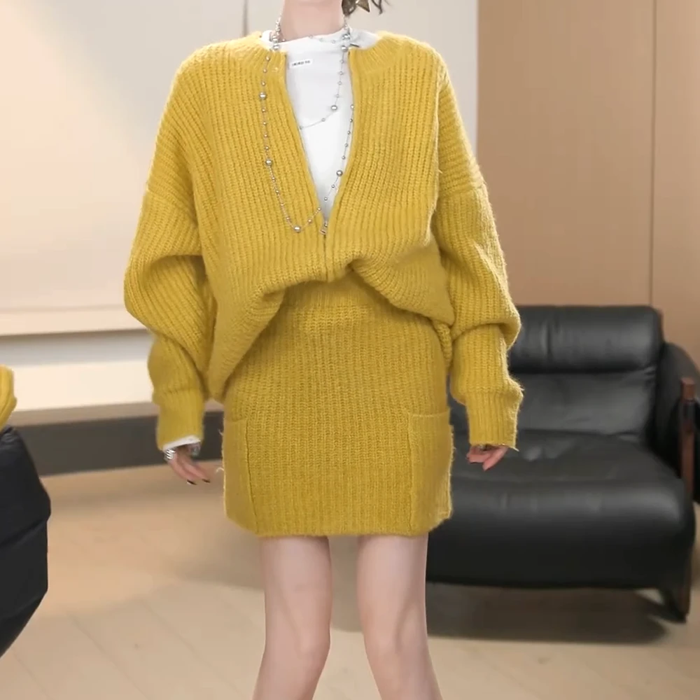 设计感秋冬显瘦针织衫毛衣开衫双口袋半裙套装女慵懒风软糯两件套