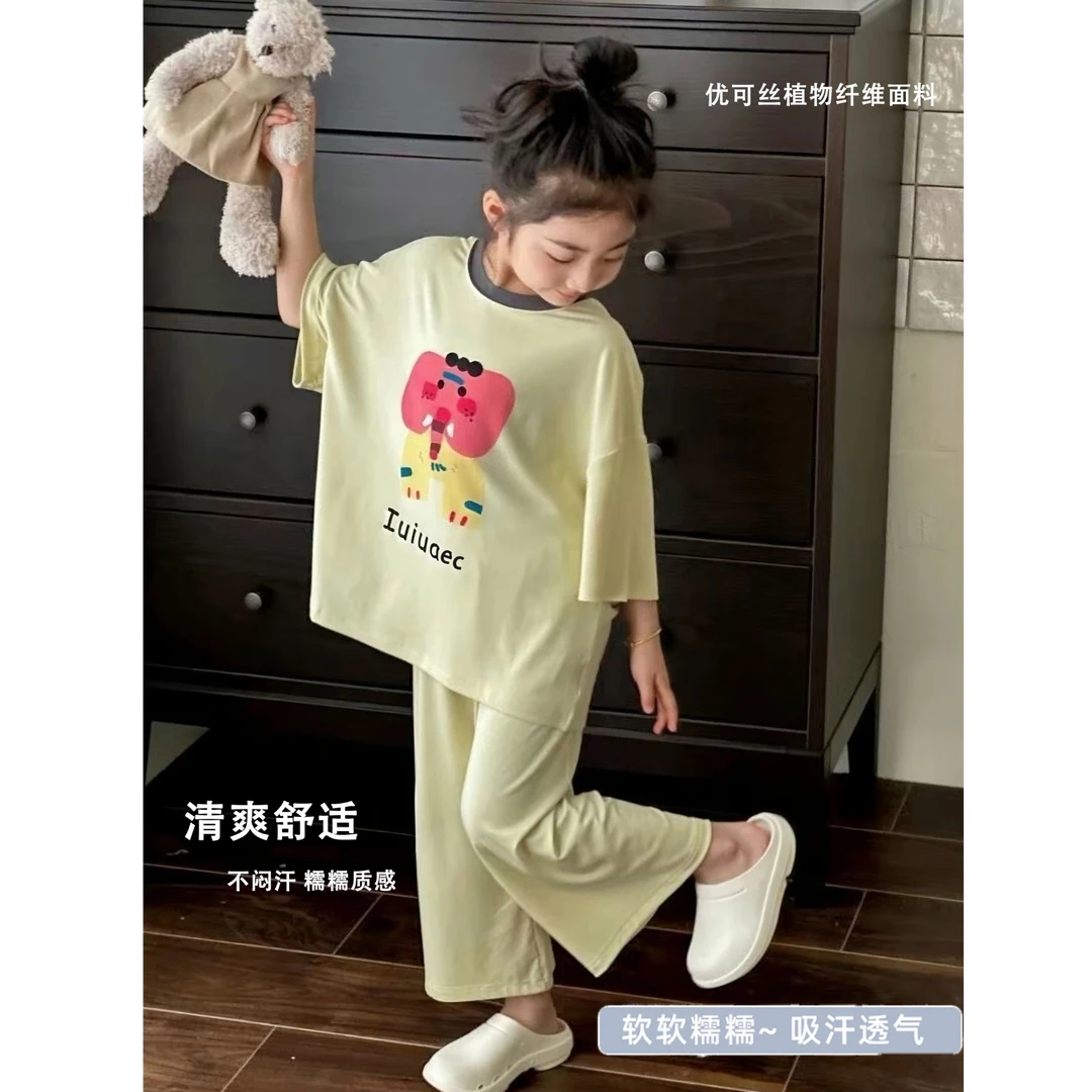 夏季新款儿童休闲风家居服女孩夏天睡衣可外穿少女短袖透气睡衣