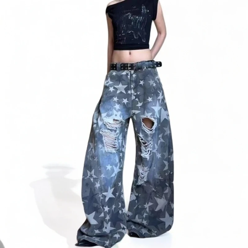 美式复古设计感星星花纹做旧破洞牛仔裤男女宽松帅气阔腿弯刀长裤