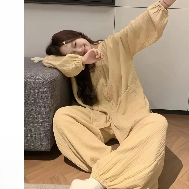 【带胸垫】春秋2025新款长袖开衫圆领睡衣女休闲纯色宽松家居服套装