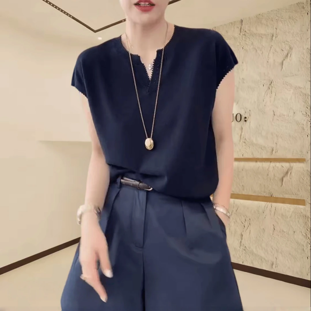 LB夏季藏青色齿轮V领洋气百搭宽松气质莱赛尔天丝上衣