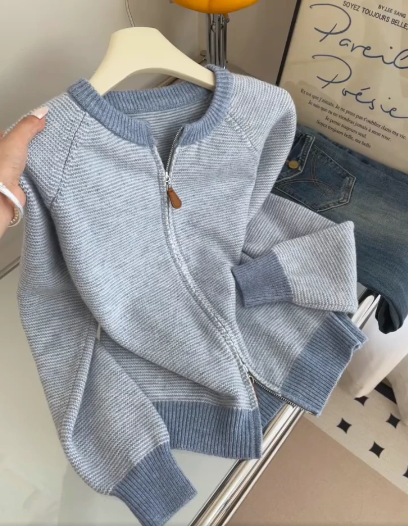 韩系时髦撞色条纹圆领针织开衫毛衣外套女秋冬通勤拉链高级感上衣