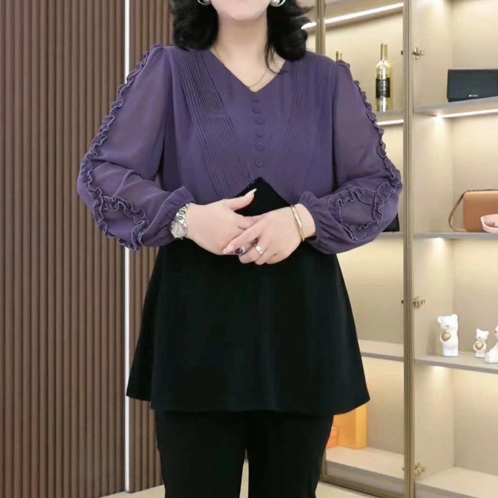 木棉林秋季新款大码女装拼接气质宽松显瘦遮肉串珠上衣241001长袖