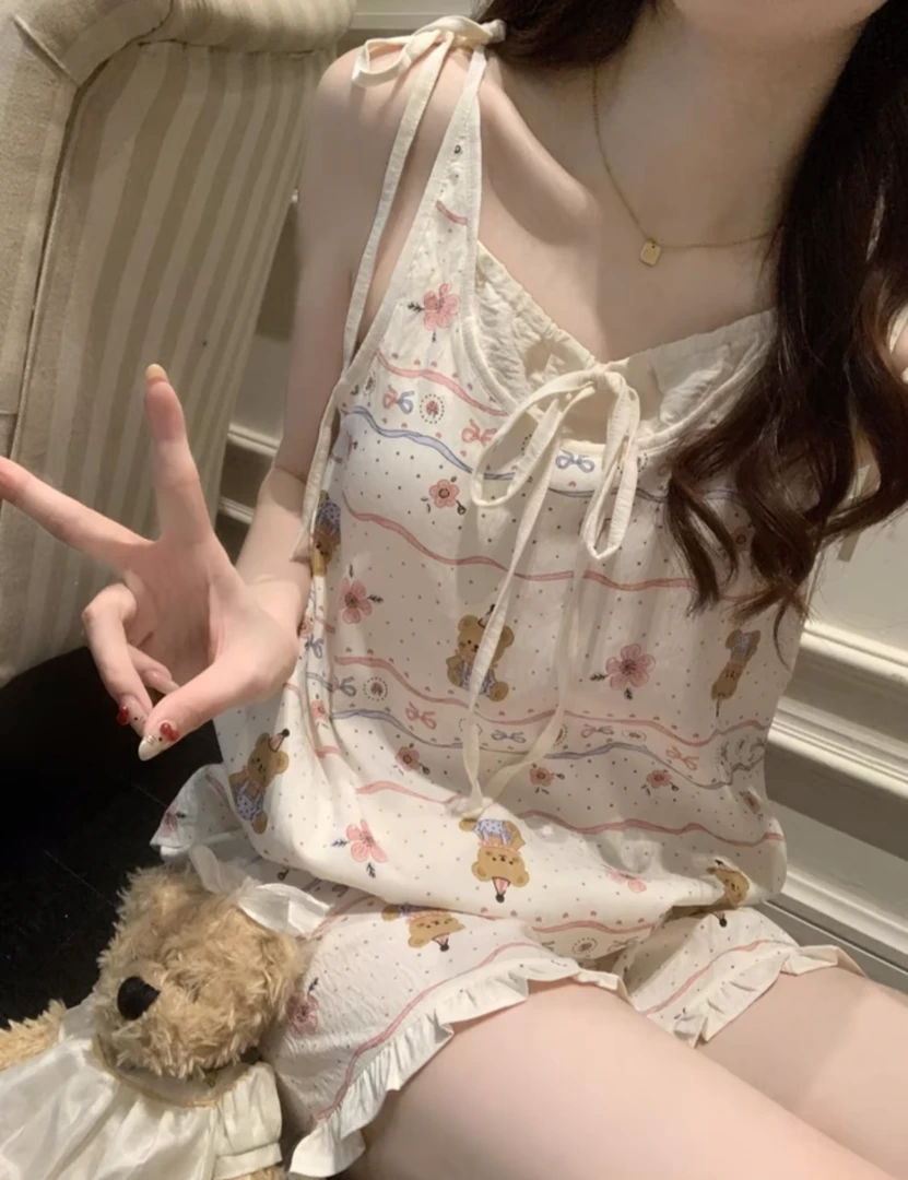 薇妮猪睡衣女夏季甜美风ins卡通小熊可爱印花带胸垫可外穿家居服