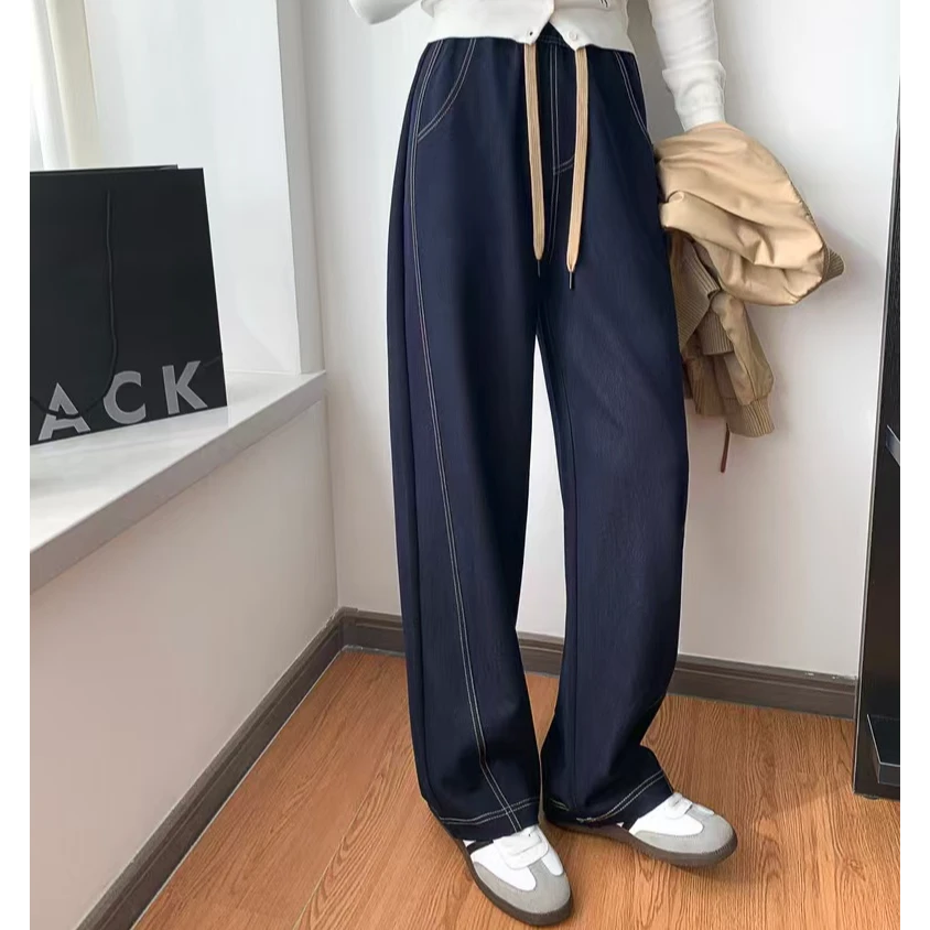 【修容牛仔】深色明线弯刀牛仔裤女新款时尚潮流抽绳垂感窄版直筒裤