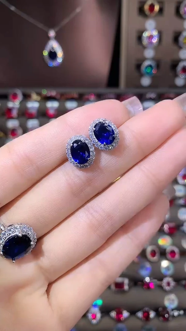 耳饰蓝宝石银S925镶嵌68银