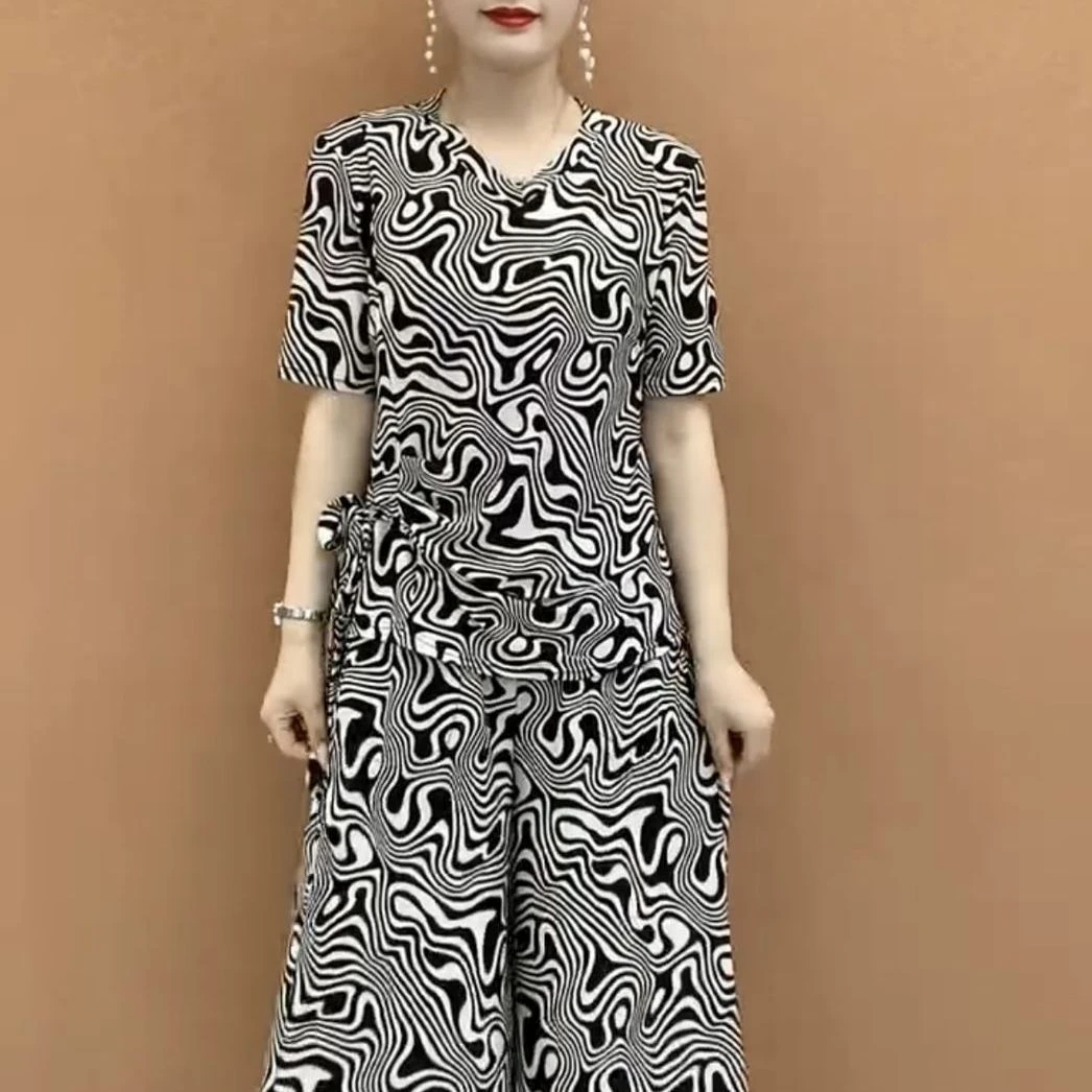 时尚短袖妈妈套装2025夏季新款气质休闲两件套宽松百搭大码套装女