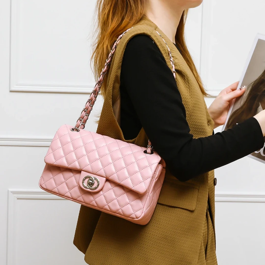 【七九高定】新款小香风时尚百搭女士真皮牛皮鱼子酱单肩肩包菱格包