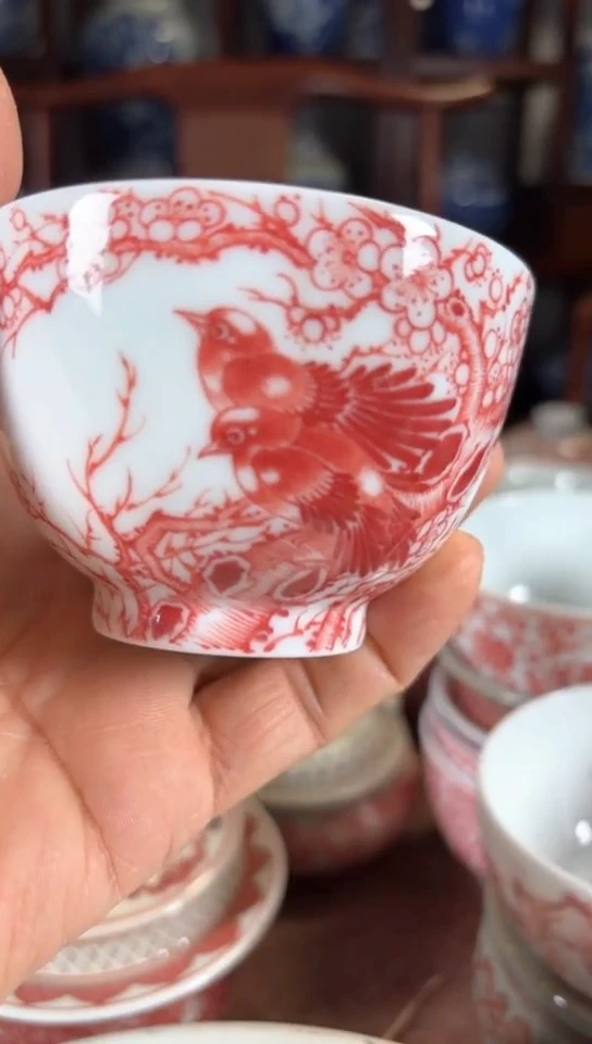 柴窑釉里红喜上眉梢杯杯