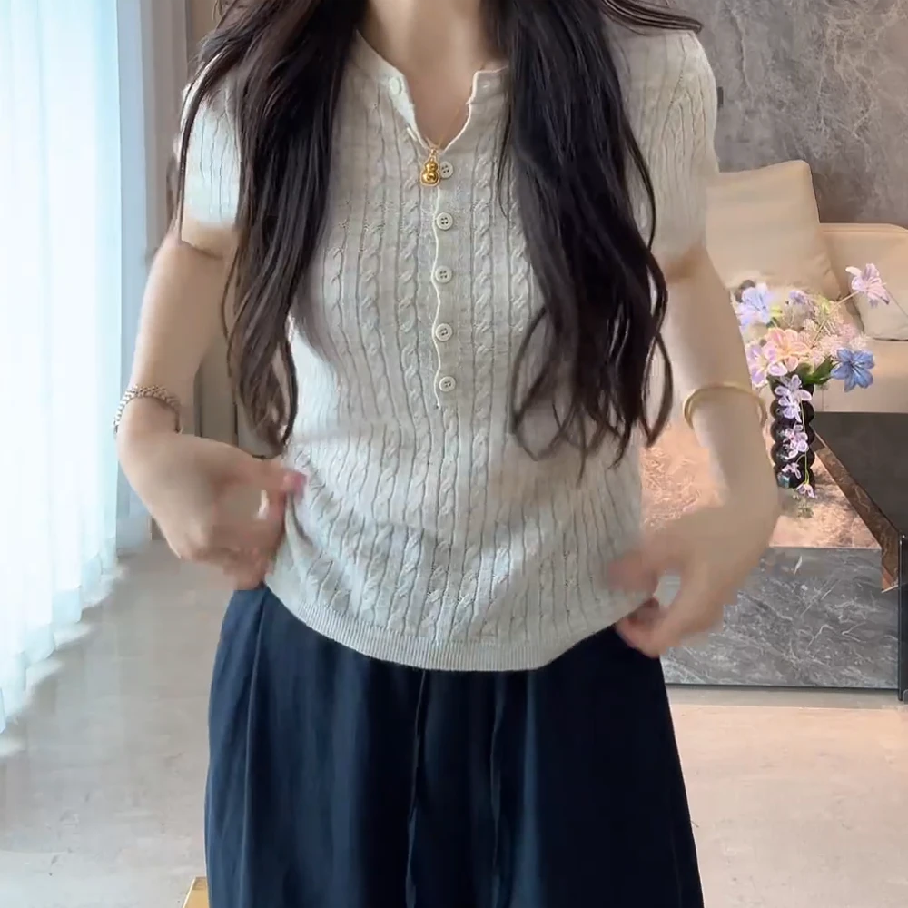 “松弛高知”2025新款短袖质感满分刺绣针织衫女薄款夏季上衣复古