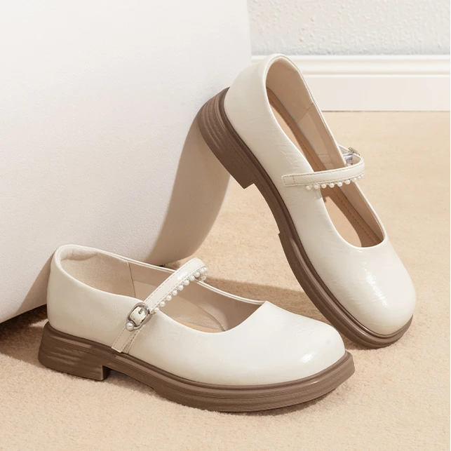 卓诗尼珍珠玛丽珍白色女鞋2025夏季新款百搭休闲低跟单鞋皮鞋厚底