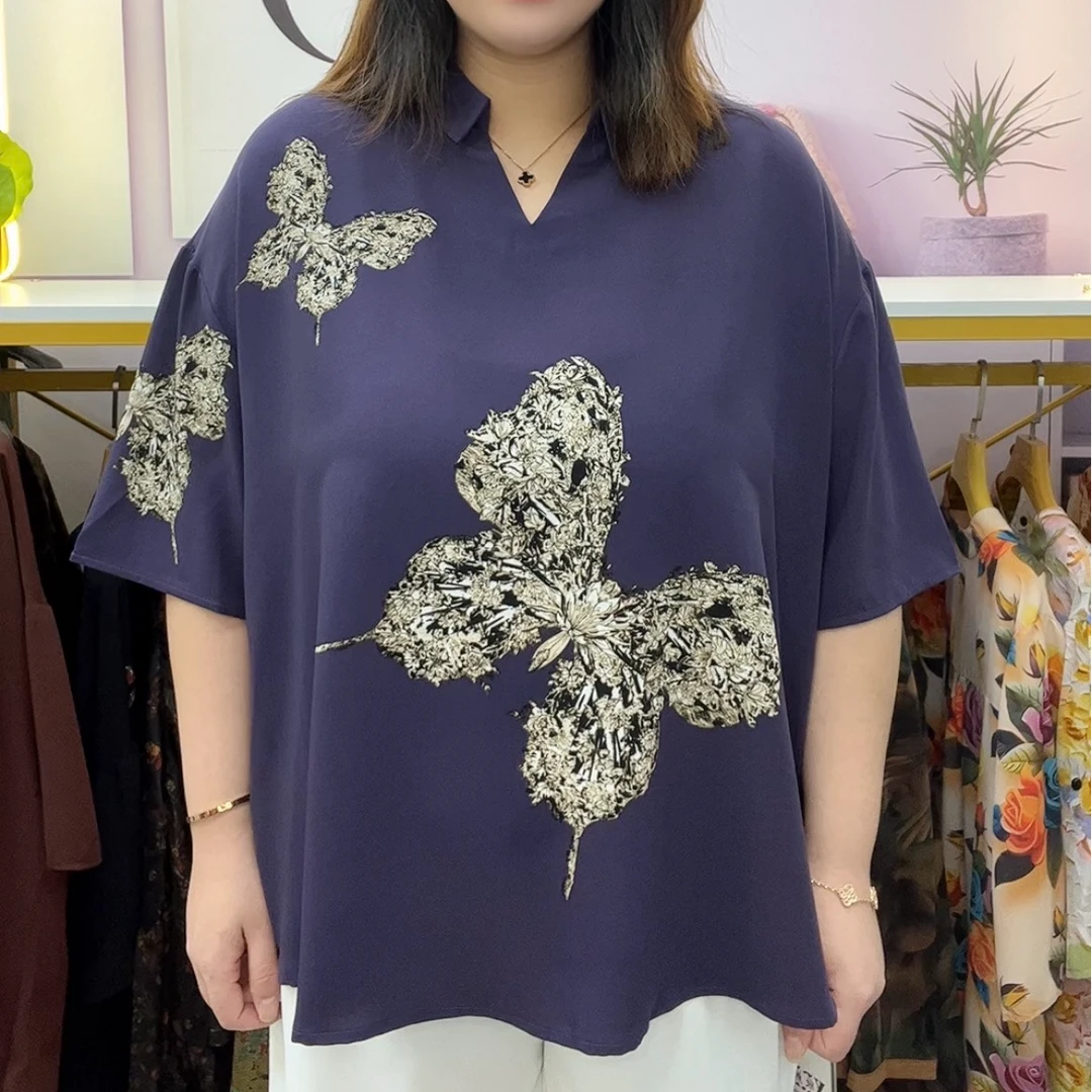 834大码V领蝴蝶印花宽松上衣