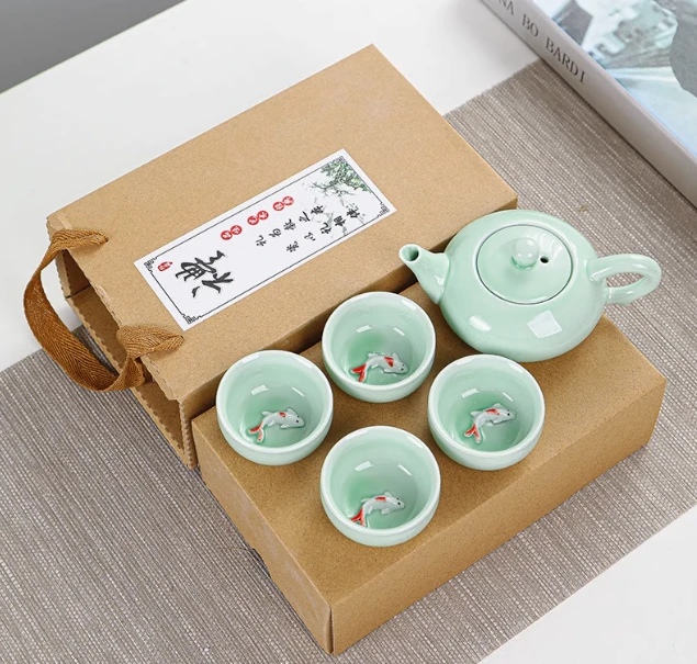 青瓷鱼杯一壶四杯家用茶具旅行套装功夫茶具