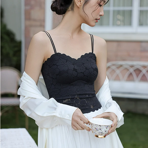 古妃3385性感花瓣蕾丝美背吊带女细肩带防走光固定杯内搭抹胸背心