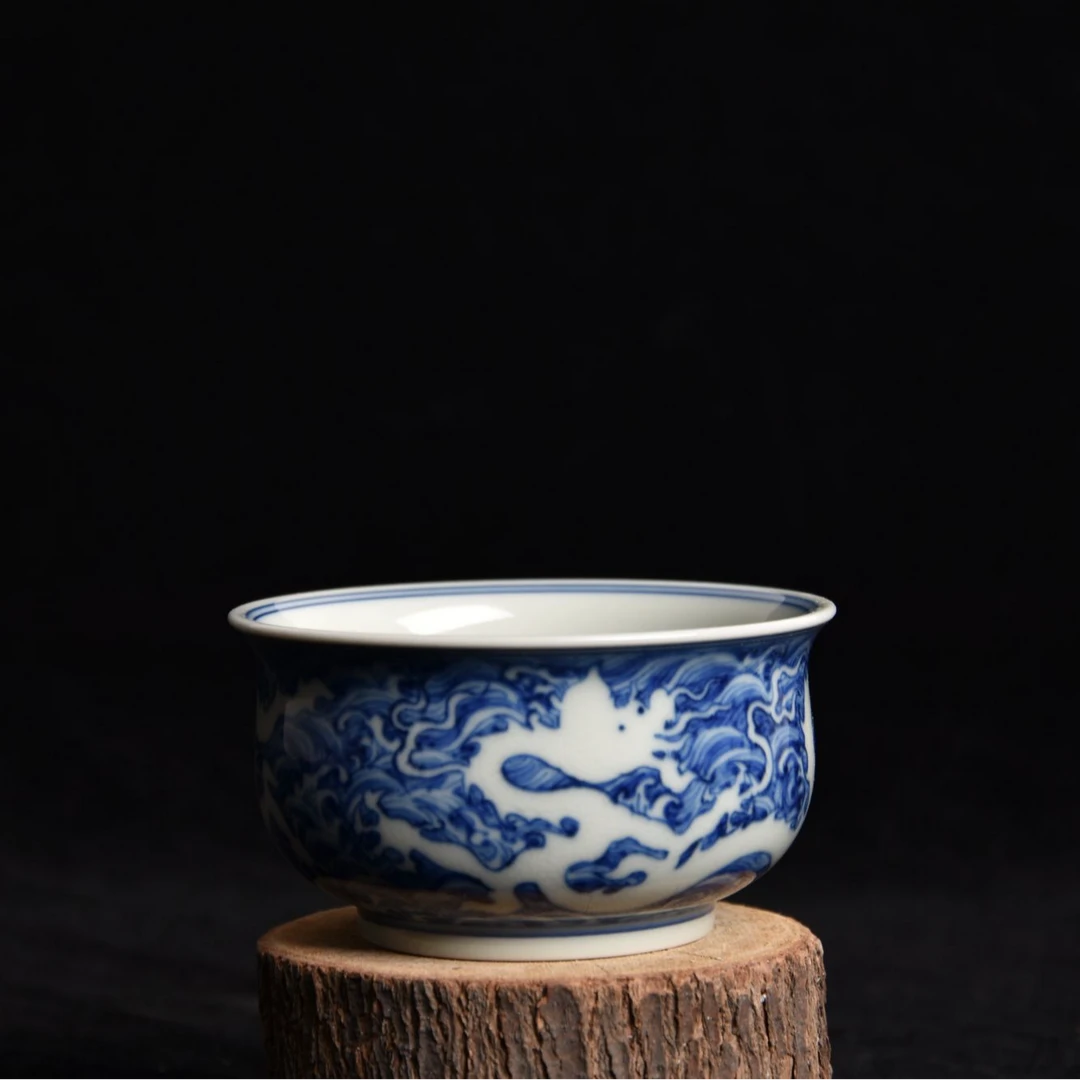 YR001景德镇陶瓷仿明官窑器青花海水暗刻龙纹炉式杯茶杯主人杯