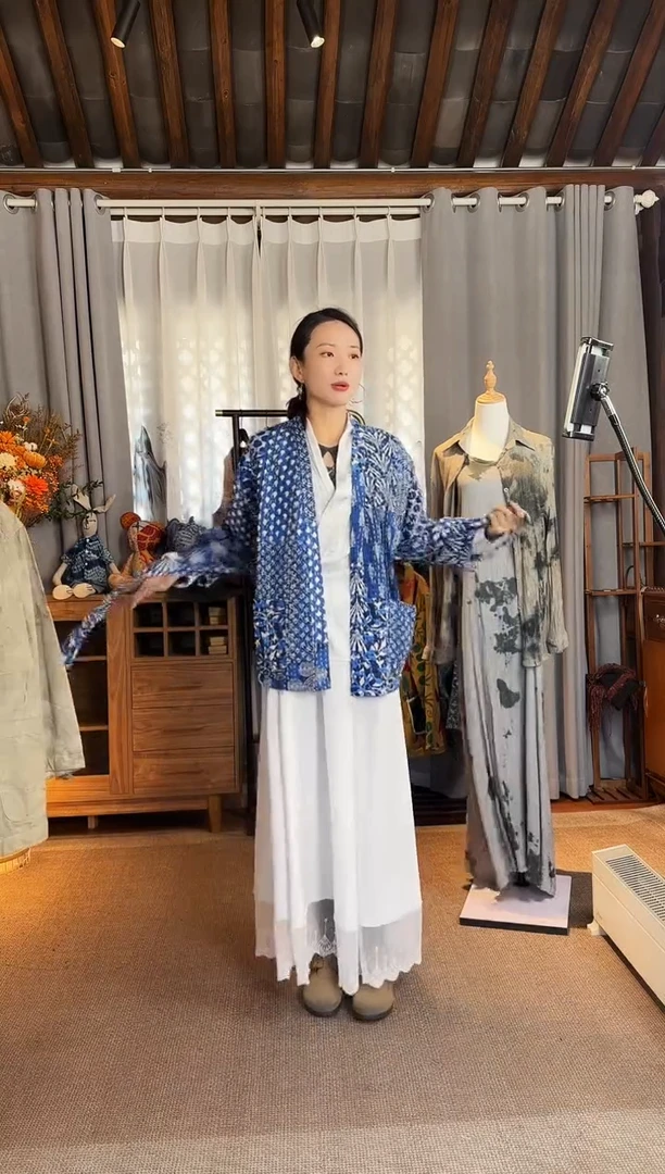 【闪购商品】设计师款蓝染刺子绣腰带外套