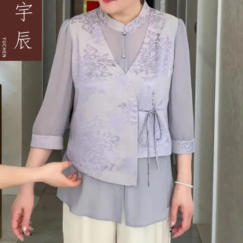 【直播现货】妈妈装休闲风碎花中式民族风中年显瘦气质上衣套装