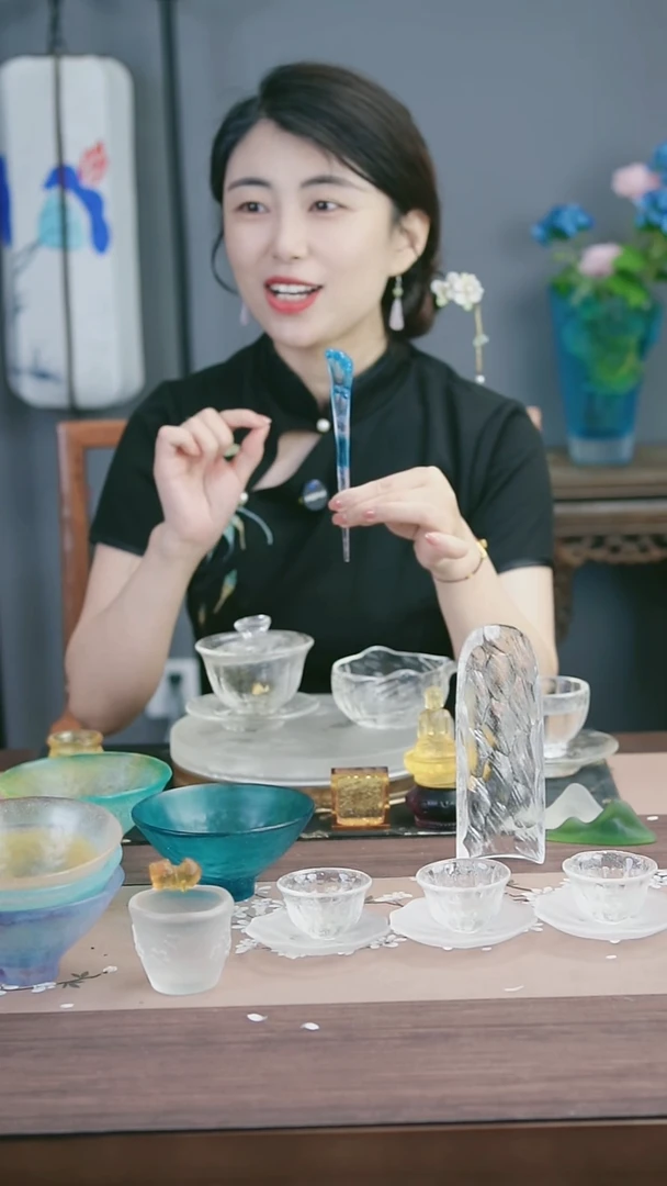 琉璃手工艺品蓝色调茶匙茶置小摆件