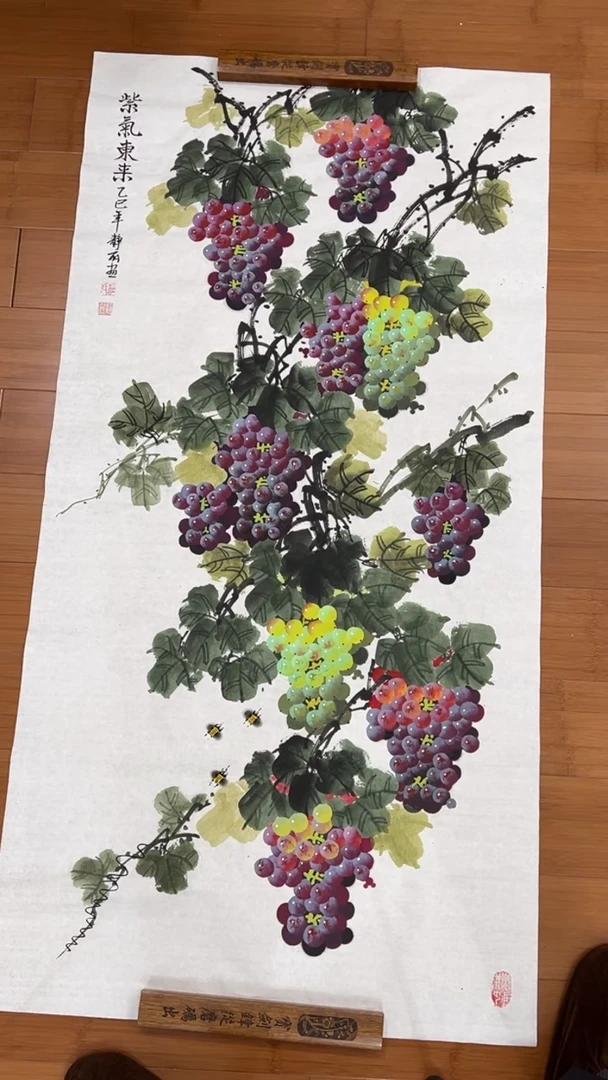 国画【福利，纯手工手绘】杜静丽葡萄竖版138*68厘米