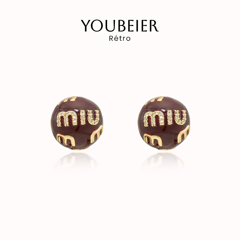 YOUBEIER 复古珐琅字母圆球耳钉女款小众气质设计感时尚个性耳环
