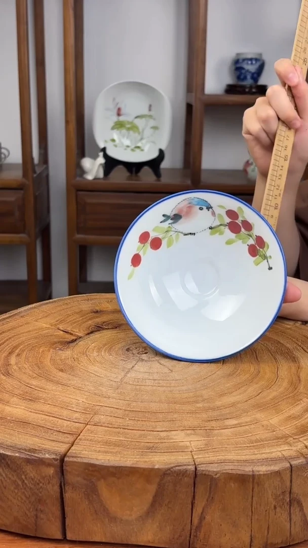 瓷片景德镇手绘高温（釉中彩）斗笠碗樱桃呆呆鸟