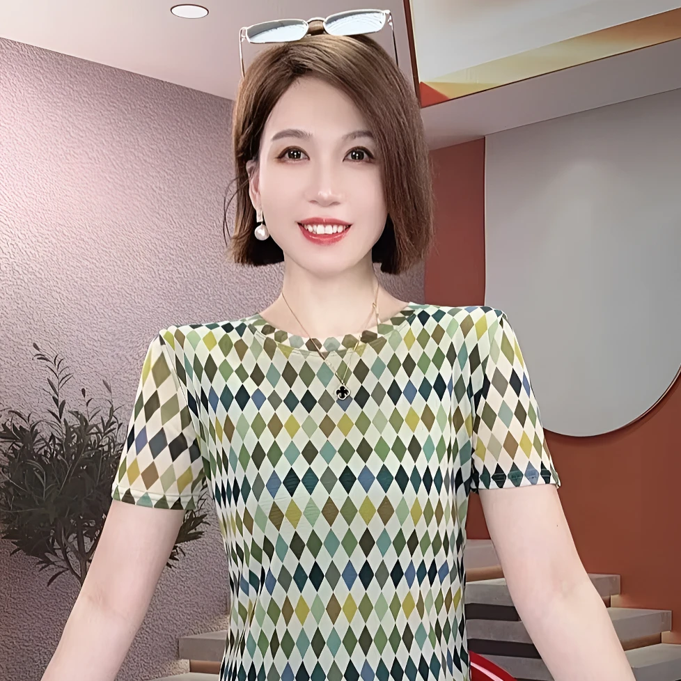 睿萌女装冰丝网纱短袖t恤2025年打底夏季薄款格子印花衫短款上衣