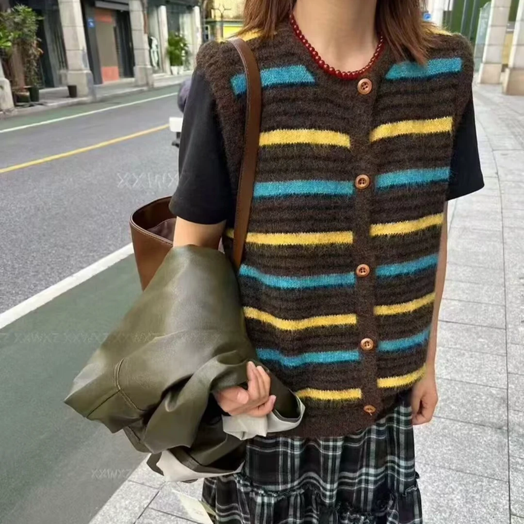 M3480 咖啡夹心 条纹拼色无袖背心单排扣撞色马甲