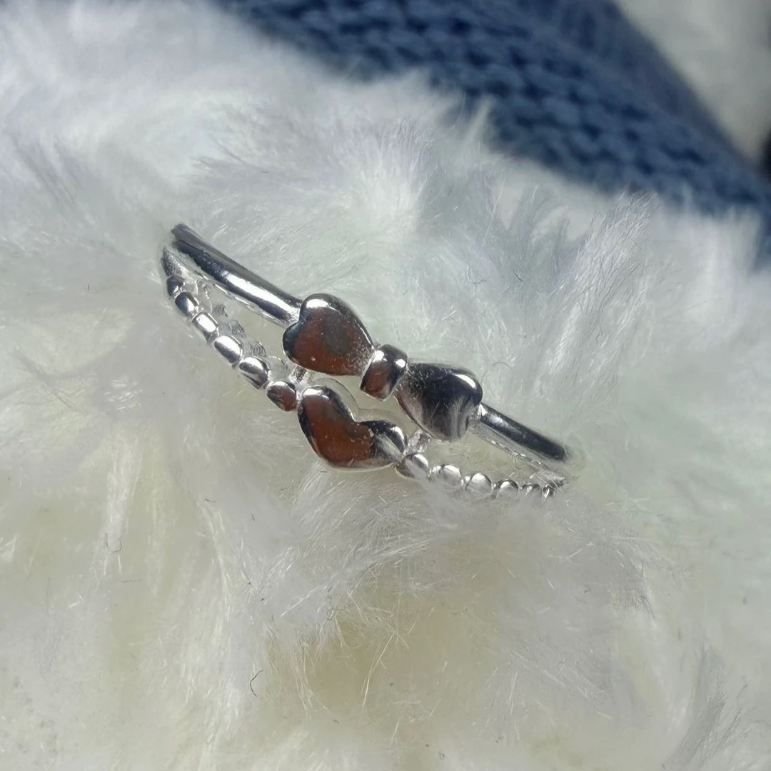 足银戒指 蝴蝶结+爱心双拼开口纯银戒指设计款精致简约女友礼物