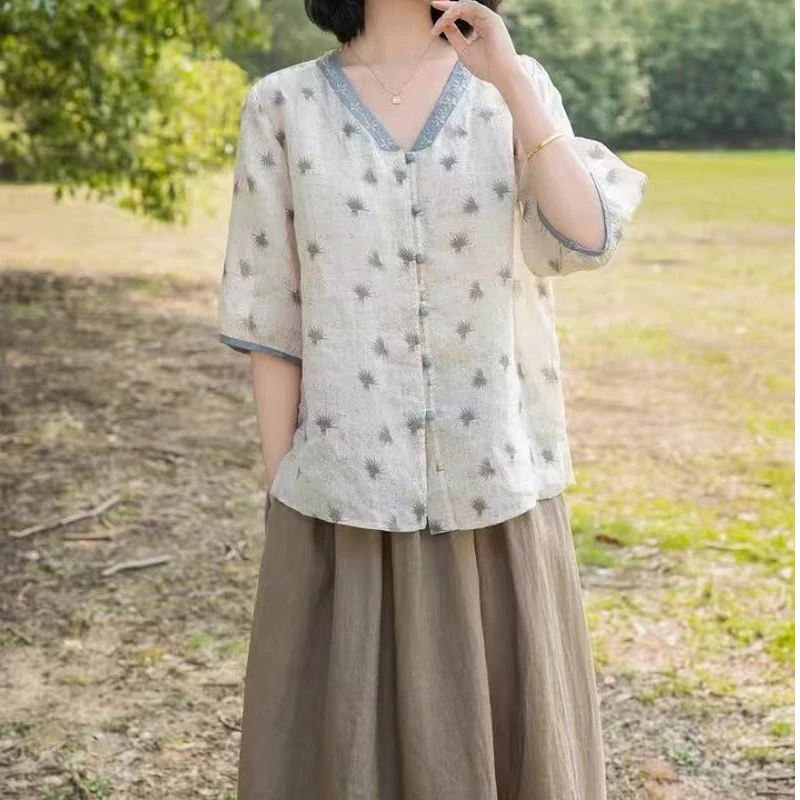 韩系时尚气质通勤减龄百搭单排扣v领苎麻半袖小衫H6547