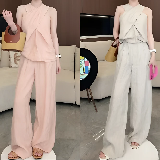 夏季甜美可爱风格衣服露肩交叉上衣宽松阔腿裤显瘦休闲套装女