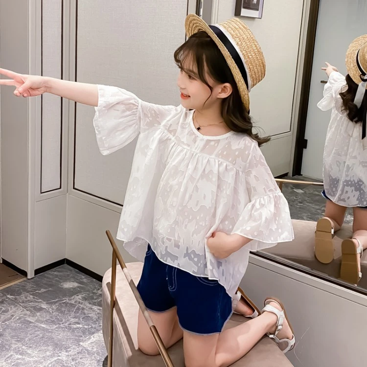 女童夏季套装2025新款儿童薄款雪纺短袖女孩洋气时髦牛仔短裤夏装