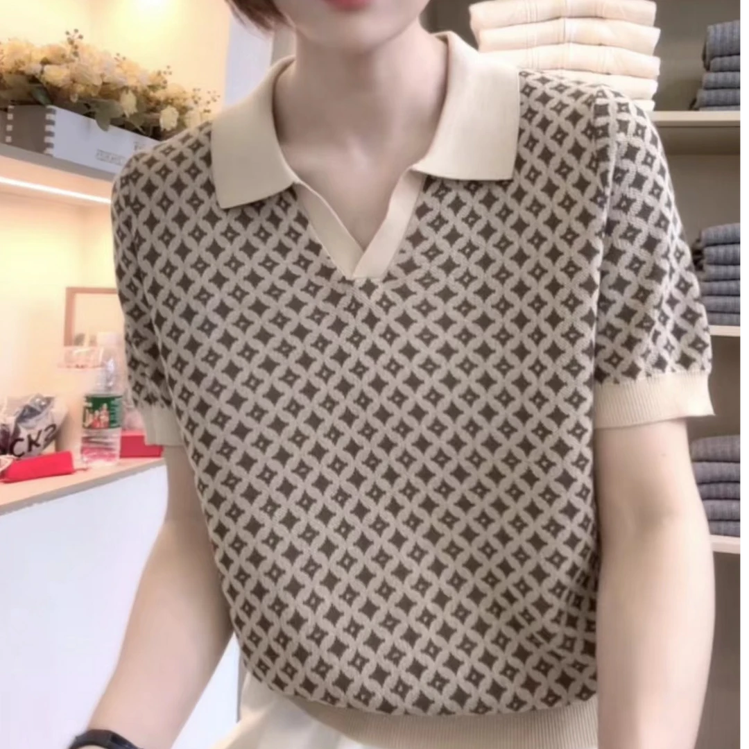 [编码D218]妮妮家翻领复古拼色全身提花短袖宽松套头针织女