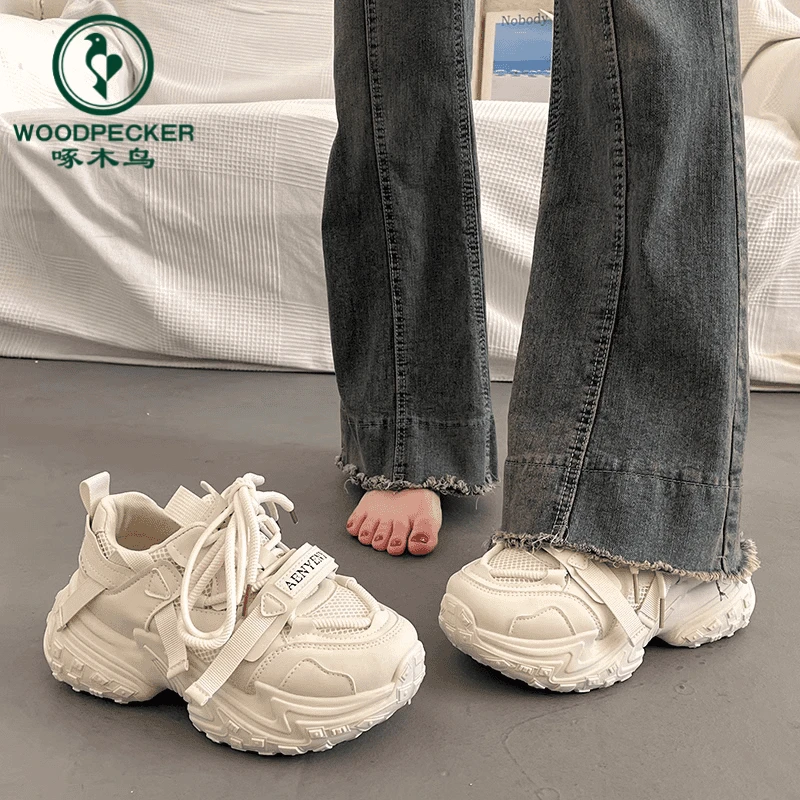 啄木鸟老爹鞋女2024秋季新款时尚休闲平底高跟系带圆头简约休闲鞋