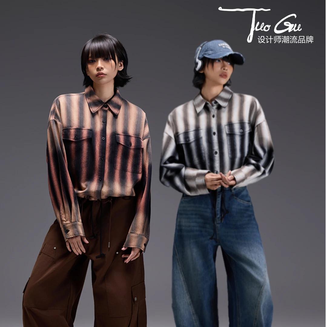 TUOGU/拓谷衬衣长袖复古宽松潮流条纹设计师格纹上衣Q52083