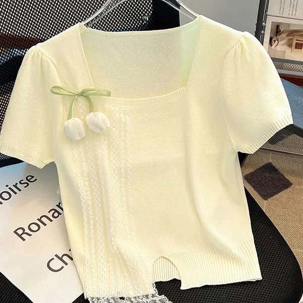 夏季花朵短款短袖T恤女春针织衫衣方领别致洋气修身蕾丝飘带上衣
