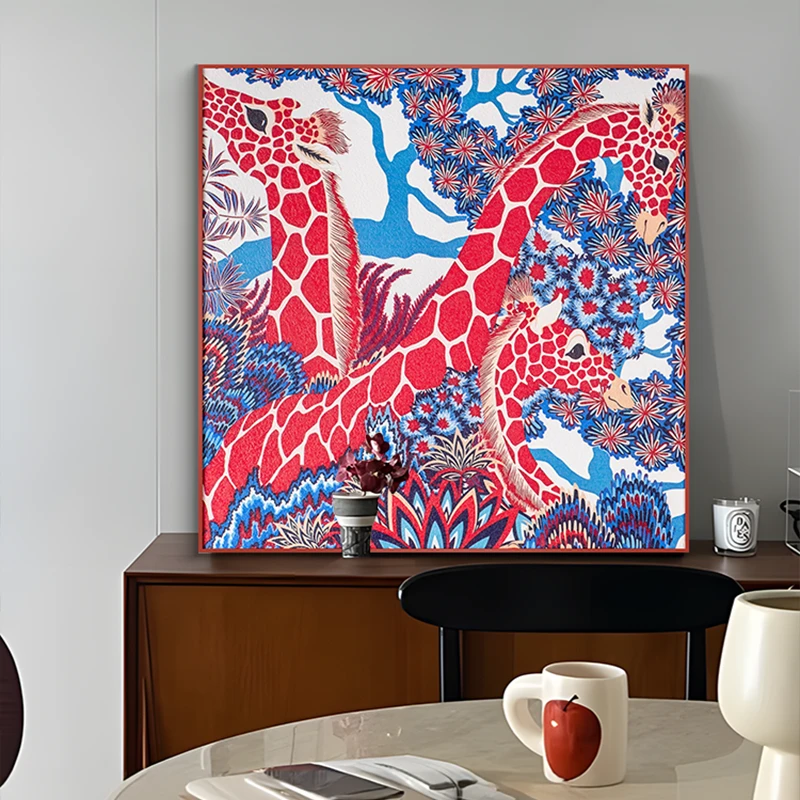 简约现代红色植物森林客厅砂岩装饰画 卧室背景墙挂画长颈鹿8080