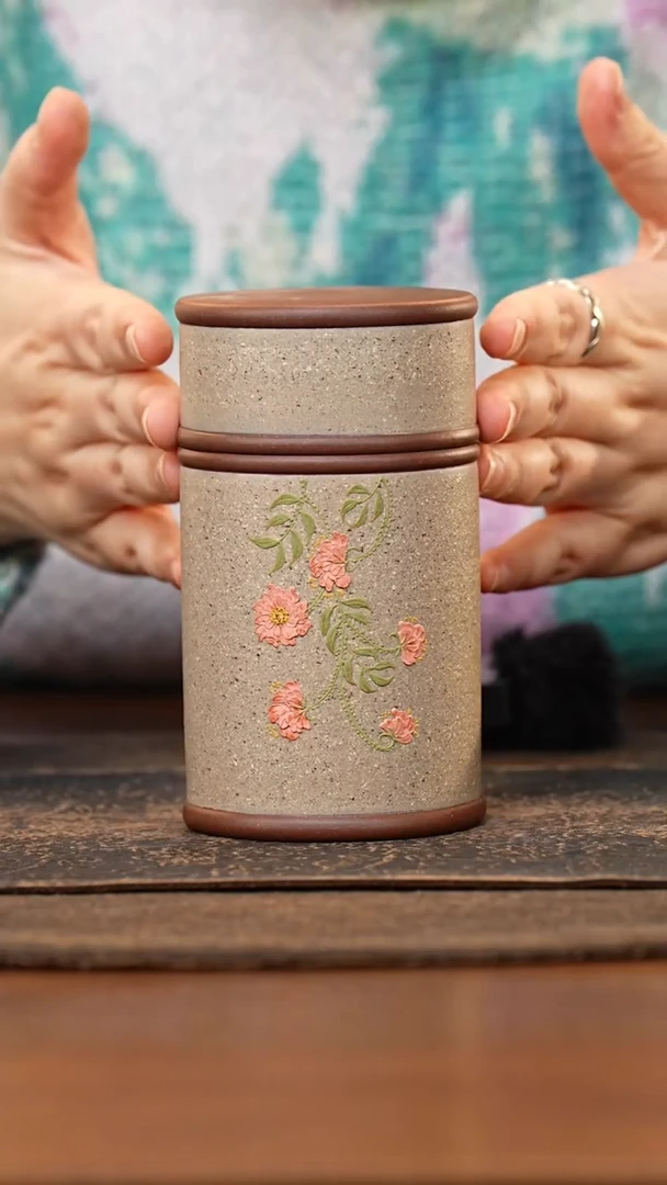 紫砂茶叶罐小罐定窑白泥绘海棠花