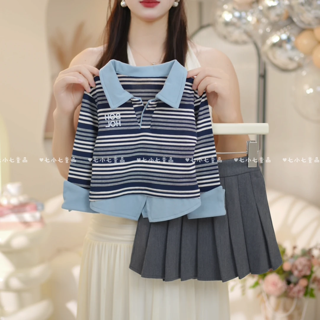 女童2025秋季新款洋气假两件上衣+百褶裙两件套C23602